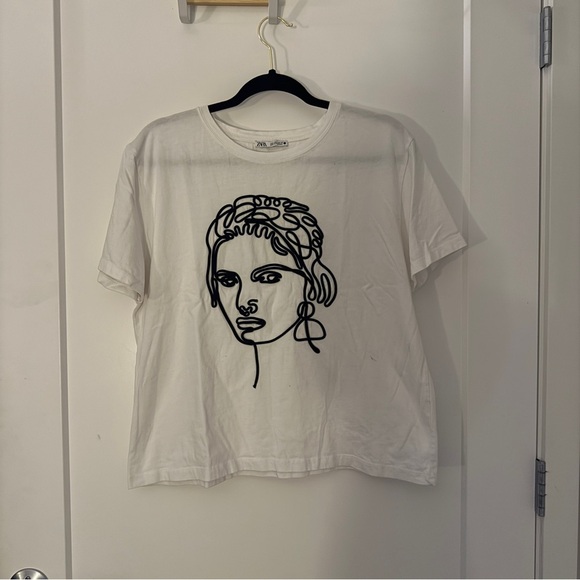 Zara Artistic Face Print Embroidered White Tee Artsy Picasso - Picture 1 of 5
